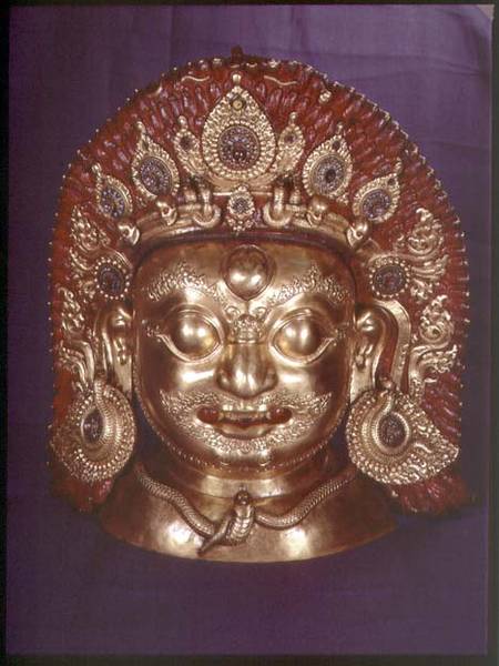 Head of Bhairava, embossed copper, painted and gilded, probably Nepalese von Indian School
