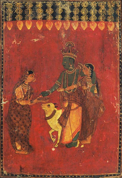 Krishna and Radha with a Cow and a Gopi von Indian School