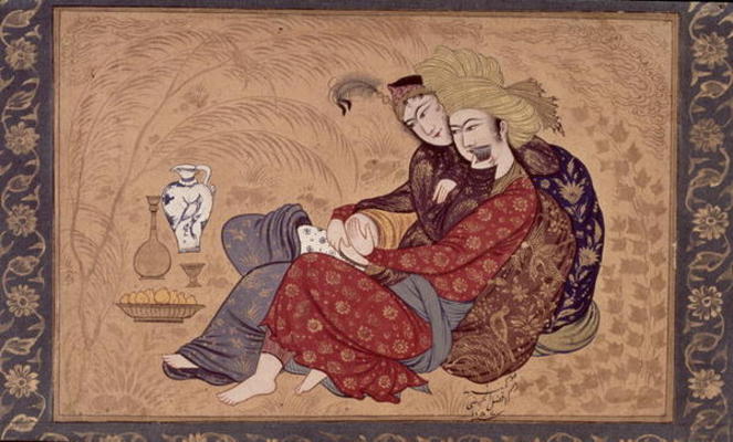 Lovers embracing and drinking wine, from the large Clive Album, Mughal von Indian School