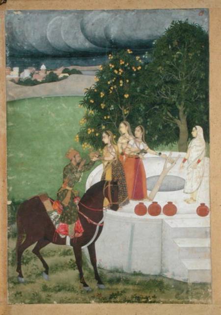 A mounted Prince receiving water from ladies at a well, miniature from Murshidabad von Indian School