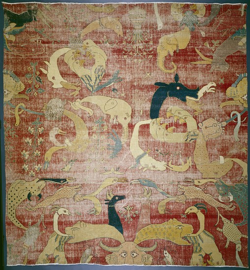 Portion of a carpet with fantastic animals on red ground, Mughal von Indian School