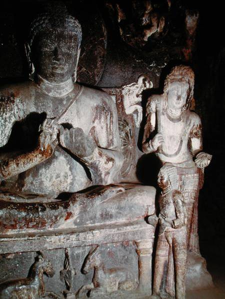 Seated Buddha making the first teaching gesture from the Caitya Hall of Cave 10 von Indian School