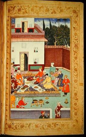 OR 3714 f.260v Mughal Emperor Feasting in a Courtyard, from the Baburnama of Dhanraj c.1591