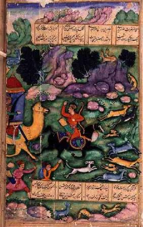 Bahram Gur Showing his Prowess While Hunting with Azad, folio 107a, from 'The Eight Paradises', writ 1600
