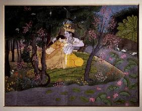 Krishna and Radha embracing in a grove, Kangra, Himachal Pradesh, Pahari School c.1785