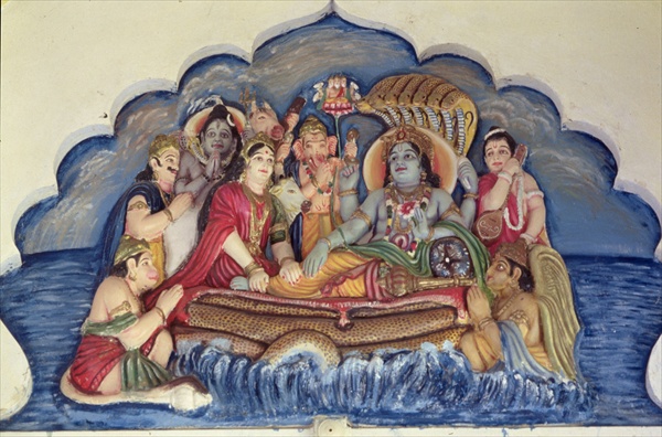 Vishnu Narayana, floating on Sheshanaga (painted relief)  von Indian School