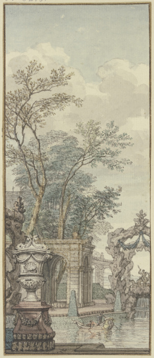 Panneau, Parkansicht mit Wasserwerken und künstlichem Felsen von Isaac de Moucheron