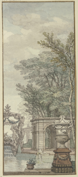 Panneau, Parkansicht mit Wasserwerken und künstlichem Felsen von Isaac de Moucheron