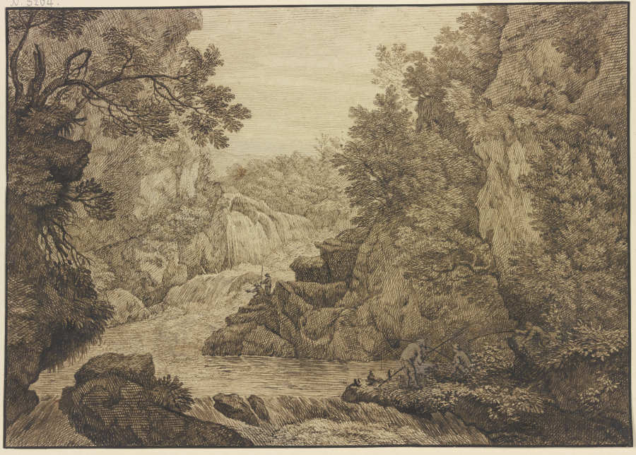 Wasserfall, im Vordergrund drei Angler von Isaac de Moucheron