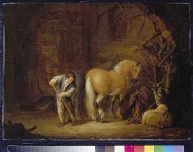 Stallansicht mit Knecht, Pferd, Schaf und Ziegenbock 1646