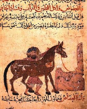 Caring for the horse, illustration from the 'Book of Farriery' by Ahmed ibn al-Husayn ibn al-Ahnaf 1210