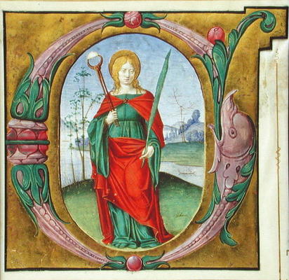 Historiated initial 'G' depicting St. Agatha (vellum) von Scuola pittorica italiana
