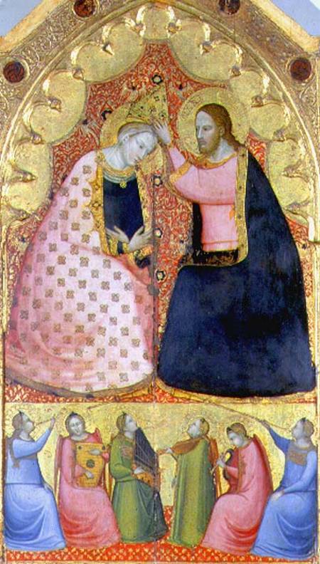 Coronation of the Virgin, altarpiece with a predella panel depicting angels playing musical instrume von Scuola pittorica italiana