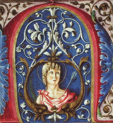 Historiated initial 'N' depicting St. Sebastian (vellum) von Scuola pittorica italiana