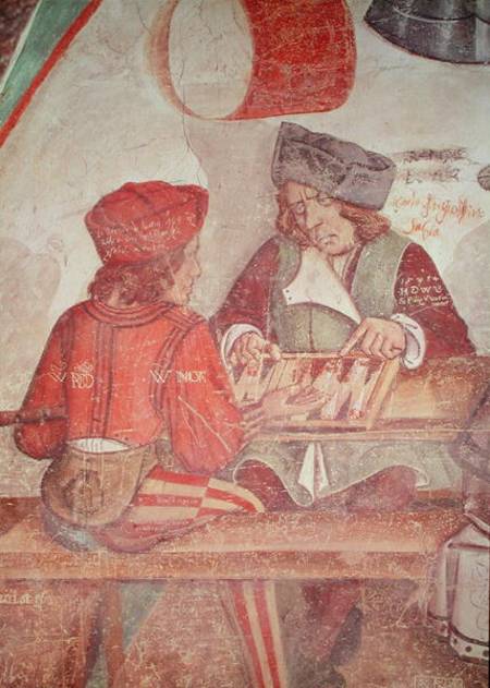 Interior of an Inn, detail of backgammon players von Scuola pittorica italiana