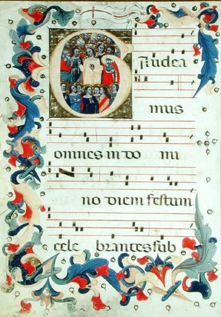 Page of musical notation with a historiated initial 'G' depicting a group of saints with St. Ursula von Scuola pittorica italiana