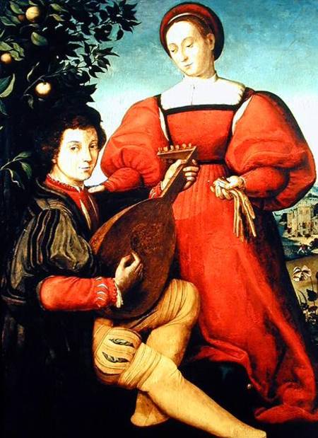 Venetian Lady and Lute Player von Scuola pittorica italiana
