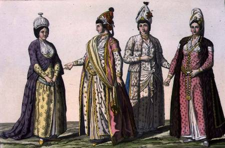 Three women in (LtoR) winter, spring and summer fashions and one in fashion for pregnancy, plate 59 von Scuola pittorica italiana