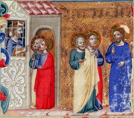 St. John imprisoned and sending two disciples to Christ (vellum) von Italian School, (14th century)