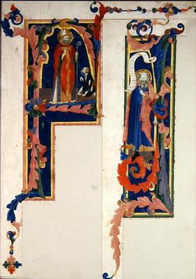 Historiated initial 'F' depicting a bishop saint blessing a young cripple and 'I' depicting a prophe 15th