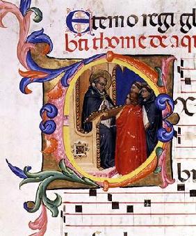 Ms 559 f.285v Historiated initial 'O' depicting a monk at a lectern conversing with other monks, fro 1876