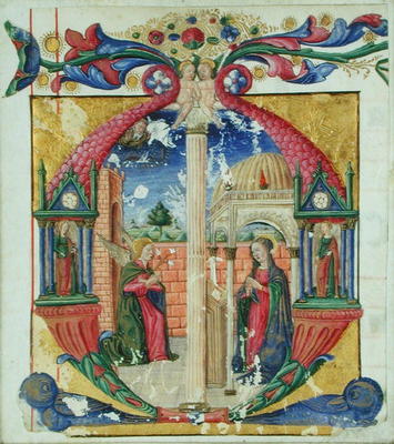 Historiated initial 'M' depicting the Annunciation, c.1475 (vellum) von Italian School, (15th century)