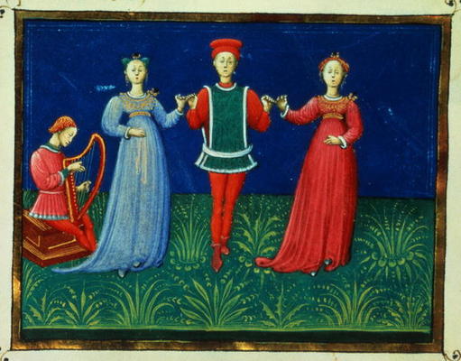 It 973 f.21v A Gentleman dancing with two Ladies, from 'Trattato dell'Arte del Ballare' (vellum) von Italian School, (15th century)