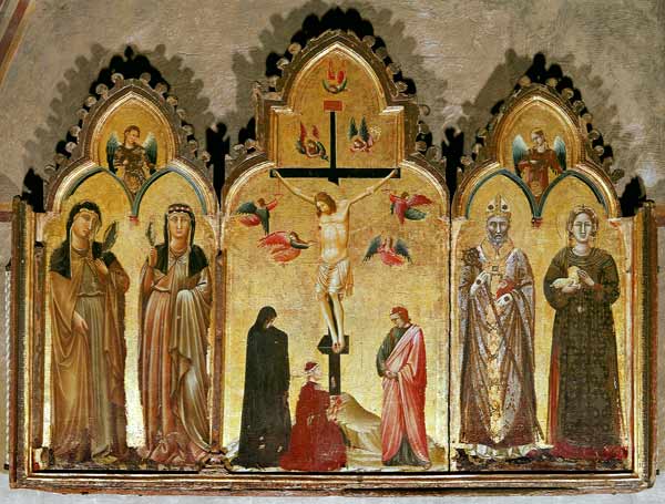 Kreuzigung mit Stifter und den Heiligen Agnes, Rufinus, Klara von Assisi und Agnes der Klarissin von Italienisch