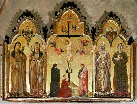 Kreuzigung mit Stifter und den Heiligen Agnes, Rufinus, Klara von Assisi und Agnes der Klarissin 1350