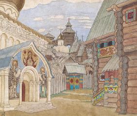 Russische Stadt. Bühnenbildentwurf zur Oper Das Märchen vom Zaren Saltan von N. Rimski-Korsakow 1930