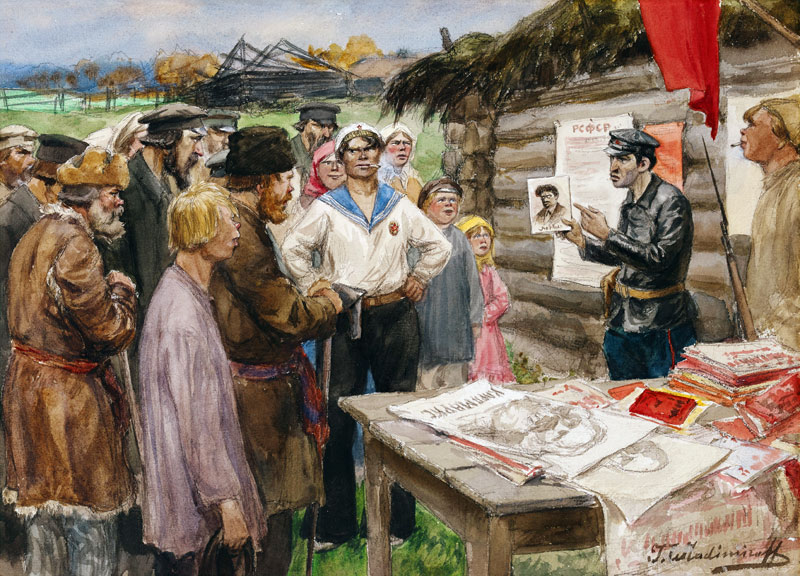 Die Lehrstunde des Kommunismus im Dorf (Aus der Aquarellserie Russische Revolution) von Iwan Alexejewitsch Wladimirow