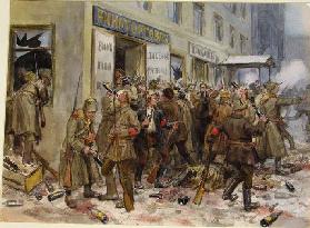 Revolutionäre Arbeiter und Soldaten plündern ein Weinladen in Petrograd (Aus der Aquarellserie Russi 1919