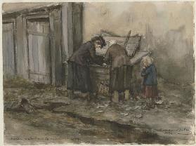 Zwei Frauen und Kind, die in den Mülltonnen nach Essbarem suchen (Aus der Aquarellserie Russische Re 1919