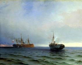 Einnahme des türkischen Militärtransports "Messina" durch russischen Dampfer "Russland" im Schwarzen 1877