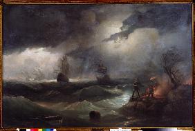 Peter I. legt ein Signalfeuer für seine sinkenden Schiffe bei Krasnaja Gorka 1790