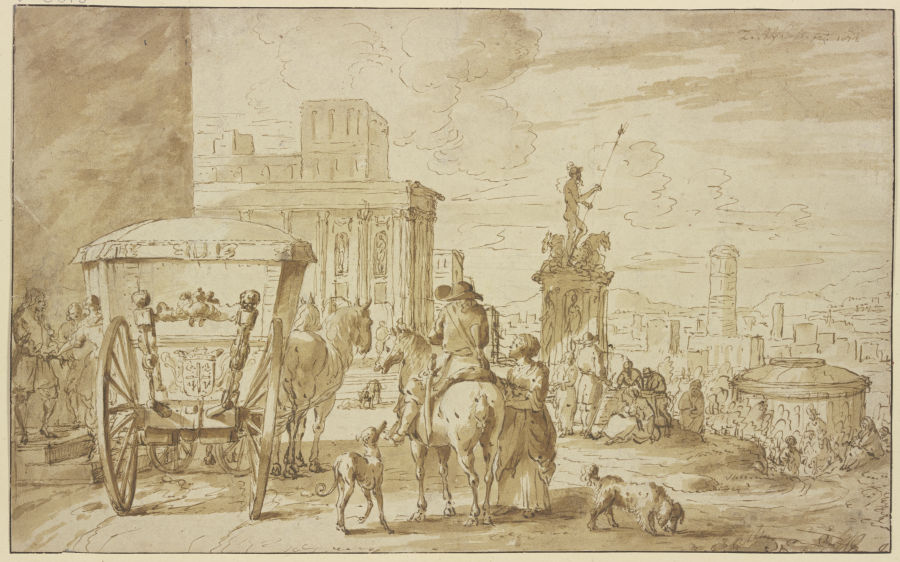 Römische Straße mit einem Monument des Neptun, links hält eine Kutsche, dabei ein Reiter, der mit ei von J. Blyhooft