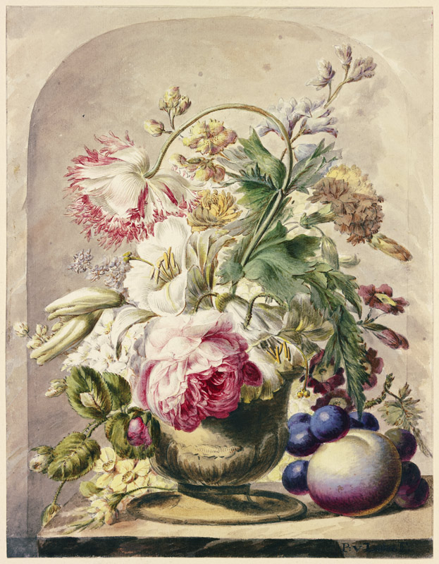 Bouquet in einer Vase, vorne rechts ein Pfirsich und einige Trauben von J. H. van Loon