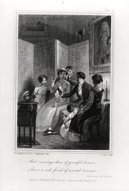 Family Scene - Evening in the Drawing Room, from 'The Social Day' by Peter Coxe, engraved by J. Scot von J. Stothard