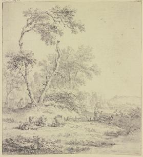 Bei einer Baumgruppe an einem Zaun liegendes Vieh, rechts eine Frau mit einem Eimer