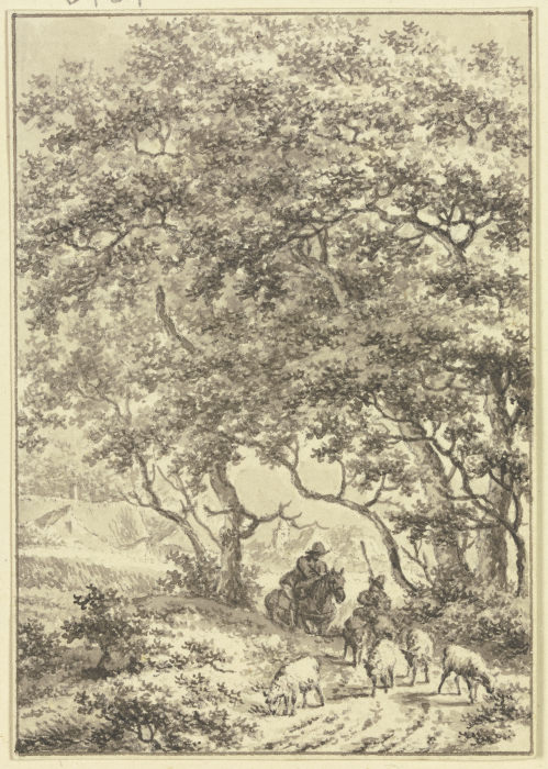 Unter hohen Bäumen ein Reiter und ein Schafhirte von Jacob Cats