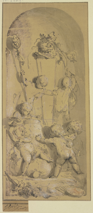 Amoretten schmücken in einer Nische eine Panstatue von Jacob de Wit