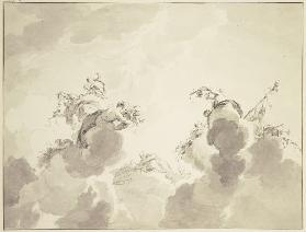 Bacchus, Ceres und Flora mit Gefolge in Wolken schwebend