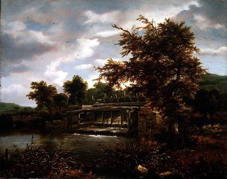 A wooded river landscape with a sluice gate von Jacob Isaacksz van Ruisdael