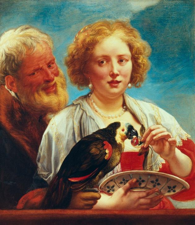 Eine junge Frau mit einem alten Mann und einem Papagei von Jacob Jordaens
