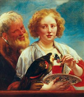 Eine junge Frau mit einem alten Mann und einem Papagei 1638