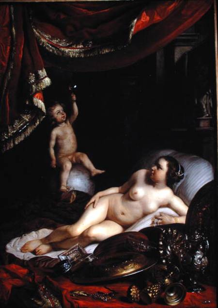An Allegorical Vanitas with Homo Bulla (Man is Like a Bubble) and Vrouw Wereld (Lady World) von Jacob or Jacques van Loo