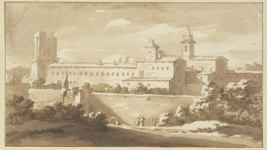 Italienisches Kloster hinter hohen Mauern, die Turmruine der Torre delle Millizie in Rom nachempfund von Jacob van der Ulft