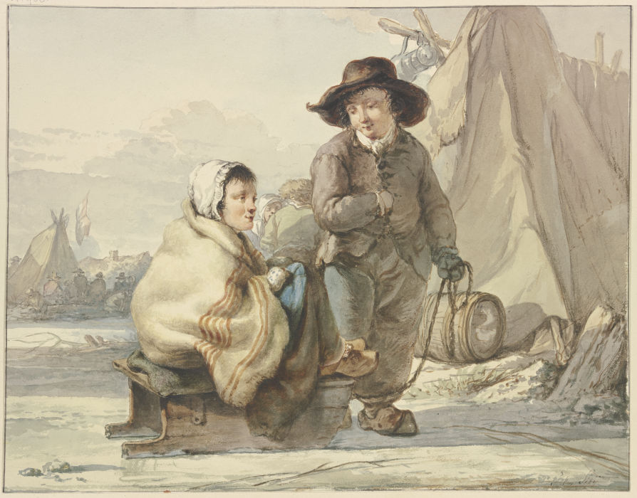 Mädchen auf einem Schlitten, daneben ein Junge, in einem Lager von Jacob van Strij