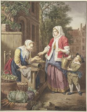 Eine Dame mit einem Knaben kauft Äpfel ein