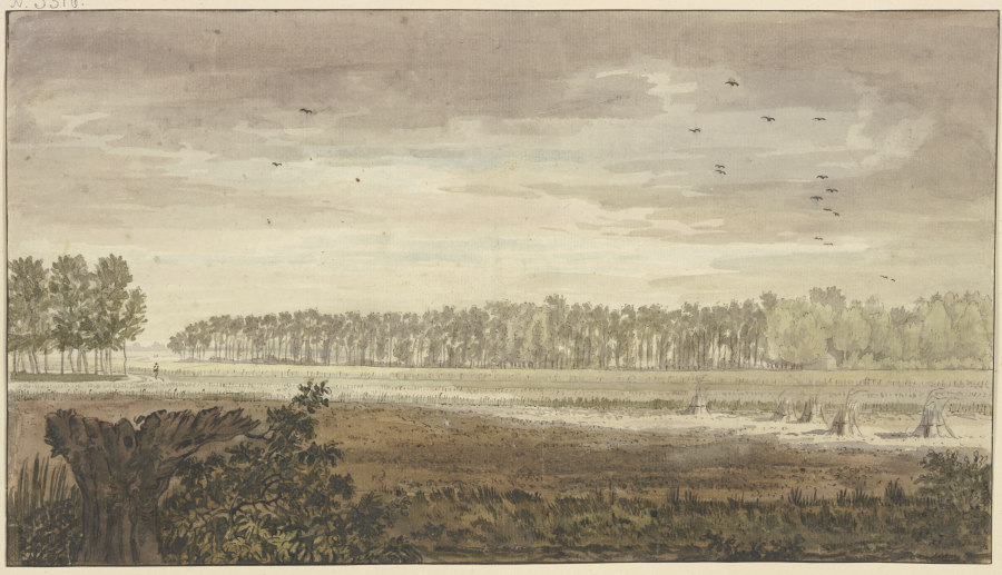 Landschaft, im Hintergrunde ein langes Wäldchen, vorne Felder mit einigen Fruchtgarben von Jacobus van Liender
